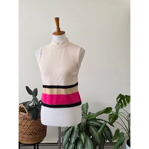 St John Cream Striped Santana Knit Mock Neck Sleeveless Shell Top Pink Petite P